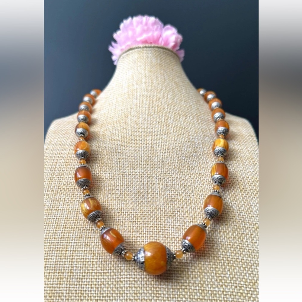 Vintage and Elegant Butterscotch Silver Cap Amber Resin Beads Necklace & Earring